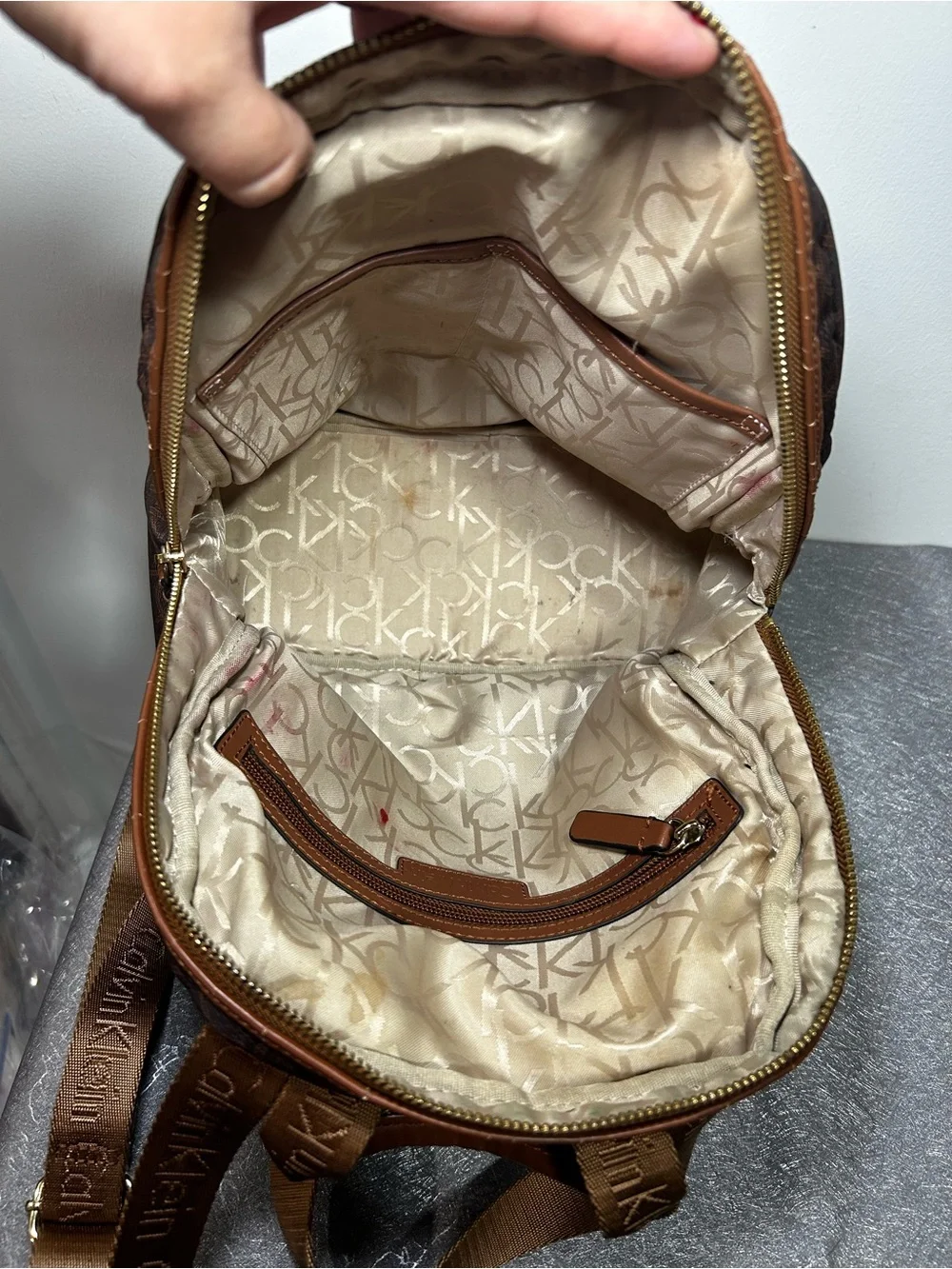 Calvin Klein Brown Logo Print Backpack Zip Front Pocket Gold Hardware